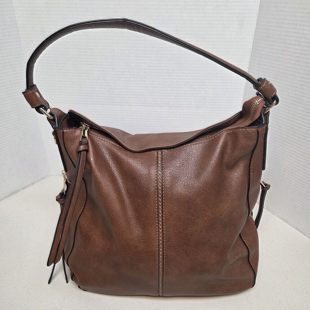 Womens Realer Hobo Saddle Brown Handbag Side Pockets Bucket Purse Faux Leather